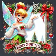 a christmas card with a fairy holding a sign