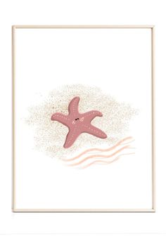 a pink starfish floating in the water on a white background, framed art print