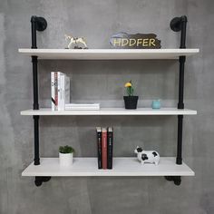 two white shelves with books and plants on them, one has a cat figurine