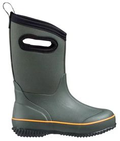 a pair of grey boots with black outs and orange trims on the side,