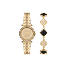 We think it's safe to say this is our most elegant designer-created set. The construction is impeccable and the glamorous touches are beautiful. The luxe bracelet and case of this watch are gorgeous and finished in beautiful gold tone. Our designers matched this watch up with a beautiful black, gold and crystal adorned bracelet. This is a wonderfully stylish set for more dressed up occasions. - Gold Tone Finish - Elegantly Appointed Face - Gold Tone, Black and Crystal Bracelet Size: 30 mm.  Gend Elegant Gold Watches As Fashion Accessory, Elegant Rose Gold Metal Jewelry And Watches, Elegant Metal Round Watch, Elegant Round Metal Watch, Elegant Rose Gold Watches As Fashion Accessory, Elegant Metal Watches With Bracelet Strap, Elegant Metal Diamond Watch, Elegant Gold Metal Diamond Watch, Elegant Stainless Steel Jewelry With Diamond Hour Markers