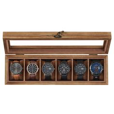 an open wooden watch box with six watches in it