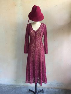 "Mint Vintage 80s Dark Cranberry Red Lace Dress w/ Corset Lace-up Tie Back.  She's gorgeous!  Condition: Excellent pre-owned vintage  Material: Lace / Polyester Size: No Tag / Fits Like Small (fabric and lace-up back allows for a few varying sizes) Bust: 26\" - 27\" Waist: 25\" - 28\" (lace-up back allows for varying waist sizes) Hips: 28\" Length from nape to hem: 45\" Sleeve Length: 20\" **All hats & accessories sold separately** ---------------------------------------------------------------- Vintage Burgundy Dress For Evening, Vintage Burgundy Evening Dress, Burgundy Vintage Evening Dress, Bohemian Fitted Vintage Dress For Party, Fitted Bohemian Vintage Dress For Party, Bohemian Vintage Dress Fitted For Party, Red Vintage Lace Dress, Vintage Burgundy Party Dress, Red Dresses For Vintage Events