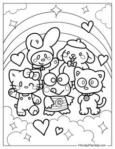 a coloring page with cartoon animals and hearts