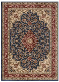 a blue and red rug with an ornate design