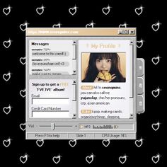 a computer screen with hearts on it and a woman's face in the center