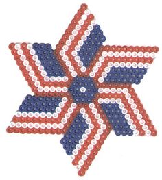 a red, white and blue beaded star ornament on a white background