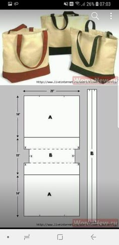 an image of two bags with measurements on the side and one in the middle, as well