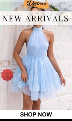 Halter Neck Backless Mesh Dress Spring Blue Backless Party Dress, Backless Mini Dress For Spring Evening, Spring Chiffon Backless Dress, Summer Mini Length Backless Dress, Flirty Halter Neck Prom Dresses, Chic Chiffon Backless Dress For Spring, Elegant Blue Mesh Summer Dress, Summer Prom Chiffon Halter Dress, Elegant Blue Mesh Dress For Summer