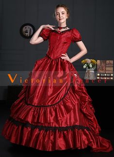 Vintage Historical Gothic Victorian Bustle Wedding Gown Dress     Condition: Brand New   Color:Burgundy   Material: This dress made of High Quality taffeta, soft,smooth and comfortable to wear   Sleeve Length: Short Sleeve   Dresses Length:Floor-Length   Neckline: amp;nbsp; Square Collar   Decoration: Ruffles + Lace + Flower   Package Includes: One Dress     The length of skirt about 45 inches (114 cm) long from waist to hem regardless of size. This dress is pictured with a 6-hoop skirt Petticoa Vintage Satin Victorian Ball Gown Dress, Vintage Satin Victorian Ball Gown, Vintage Victorian Satin Ball Gown, Historical Ball Gown Wedding Dress, Red Fitted Ball Gown For Fancy Dress, Red Victorian Dress For Wedding, Vintage Victorian Wedding Dress With Crinoline, Victorian Wedding Dress With Attached Cancan, Gothic Victorian Wedding Dress With Historical Design