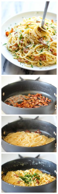 three different views of food being cooked in pans on the stove top and side by side