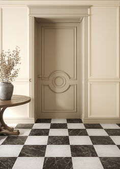 a room with a checkered floor and a door that has a circular handle on it