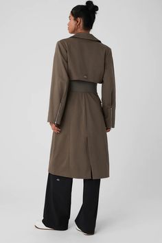 Formation Trench Coat - Black | Alo Yoga Utility Long Coat For Work, Modern Double-breasted Gabardine Outerwear, Alo Yoga Fall Workwear Outerwear, Alo Yoga Fall Outerwear For Work, Fall Double-breasted Outerwear With Concealed Fastening, Alo Yoga Long Sleeve Workwear Outerwear, Alo Yoga Long Sleeve Outerwear For Work, Fitted Outerwear With Belted Cuffs In Gabardine, Fitted Gabardine Outerwear With Belted Cuffs