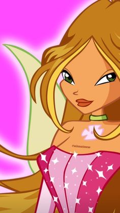 a cartoon girl with long blonde hair and stars on her shirt is looking at the camera