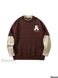 Russoo - Mens Autumn Winter Crew Neck Sweaters with Preppy Letter Print Design and Faux Two-Piece Styling, Ideal for Casual Medium Stretch Comfort Brown Letter Print Sweater For Winter, Winter Brown Letter Print Tops, Winter Brown Tops With Letter Print, Brown Letter Print Tops For Winter, Crew Neck Sweaters, Preppy Mens Fashion, Fabric Medium, Printed Sweater, Knit Jacket