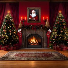 a living room decorated for christmas with red walls and stockings on the fireplace mantel