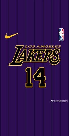 the los angeles lakers'14 jersey is shown in purple and gold, with an orange nike