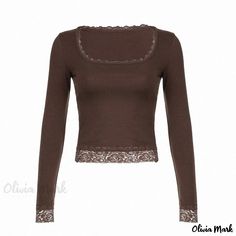 Olivia Mark - Solid Color Slim Fit Collared Long Sleeve Shirt with Sheer Lace Paneling and Cropped Length Fitted Tops With Lace Trim For Layering, Fitted Brown Top With Lace Trim, Casual Lace Trim Top For Winter, Casual Long Sleeve Top With Lace Trim, Fall Crew Neck Tops With Lace Trim, Casual Tops With Lace Trim, Casual Non-stretch Tops With Lace Trim, Long Sleeve Tops With Lace Trim For Layering, Spring Brown Top With Lace Trim