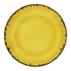 a yellow plate with black speckles on the rim is shown against a white background