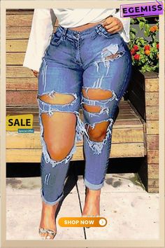 Light Blue Sexy Solid Ripped High Waist Regular Denim Casual Club Bottoms With Zipper Closure, Trendy Denim Blue Jeans For Night Out, Casual High-rise Bottoms For Club, Casual High Rise Bottoms For Club, Blue High Waist Jeans With Zip Fly, Trendy High Waist Jeans For Club, High Waist Jeans With Zipper For Night Out, Blue High Waist Jeans With Zipper Closure, High Waist Denim Blue Jeans For Night Out