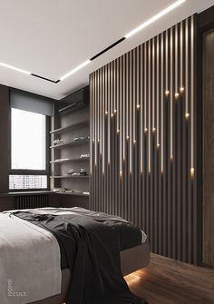 a bed sitting in a bedroom next to a tall book shelf with lights on it