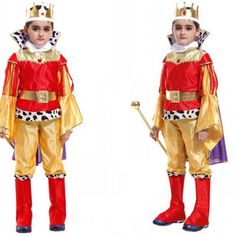 two children in costumes standing side by side, one wearing a red and gold outfit