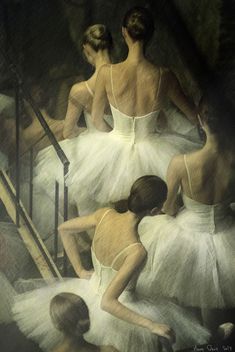 three ballerinas in white tutus are sitting on the stairs