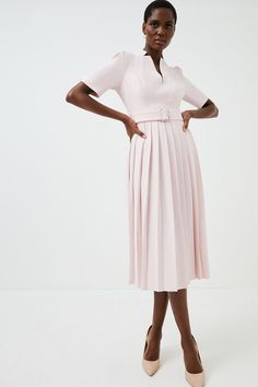 Structured Crepe Forever Pleat Belted Dress | Karen Millen Midi Dress Casual Lulus, Winter Pink Dress, Dark Drinks, Pink Pleated Dress, Beautiful Wardrobe, Wedding Guest Outfit Fall, High Low Midi Dress, Spring Clothing, Notched Neckline