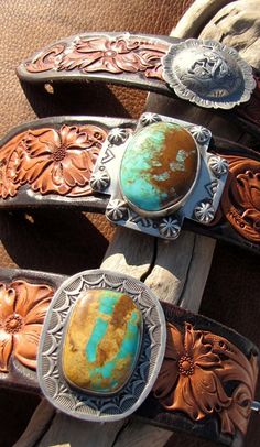 Spanish Cross Concha Cuffs - Navajo stamping and concho accents combined with Kingman turquoise. - #CowgirlChic Art Du Cuir, American Indian Jewelry, Leather Carving, Cowgirl Chic, Southwest Jewelry, Leather Art, Southwestern Jewelry, Turquoise Cuff, Leather Cuffs Bracelet