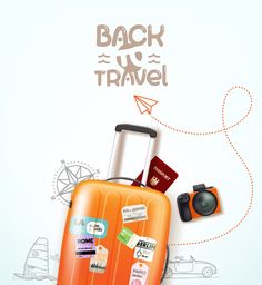 an orange suitcase with stickers on it and some other things around it that say back to travel