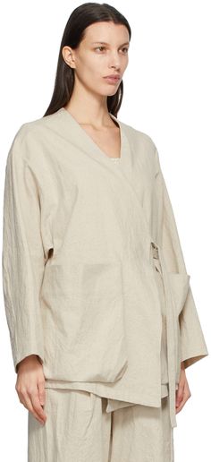 Long sleeve plain-woven cotton, linen, and ramie-blend jacket in beige. Y-neck collar. Offset self-tie fastening at front. Patch pockets at waist. Dropped shoulders. Unlined. Supplier color: Natural Lauren Manoogian, Cargo Jacket, Neck Collar, Luxury Streetwear, Cotton Weaving, Cotton Linen, Patch Pocket, Tunic Tops, Long Sleeve Blouse