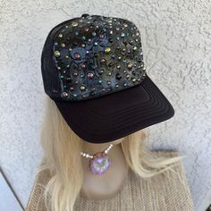 One of a kind rhinestone texture trucker hat for women. This is a very unique hat that can be worn with a casual outfit but it can be dressed up too.  it's definitely a special piece that would make a fun gift as well!  Adjustable SnapBack closure. Check out my other hats, sweatshirts, t-shirts, and more at www.sunlovestudio.com Casual Rhinestone Snapback Hat, Casual Snapback Baseball Cap With Rhinestones, Trucker Hat Women, Bling Trucker Hat, Trendy Rhinestone Baseball Cap, Trendy Rhinestone-embellished Cap, Womens Trucker Hat, Rhinestone Hat, Womens Hat