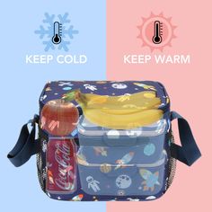 an apple, banana and water bottle in a cooler bag with the words keep cold on it