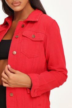 Red denim jacket in a over sized fit with full length sleeves, button detailing and a heart metallic tie on the collar. Model wears a S/UK 8 and her height is 5'9" UK Size Bust Waist Hips 4 XS 31 23.75 34 6 S 32 24.5 35 8 34 26.5 37 10 M 36 28.50 39 12 38 30.5 41 14 L 40 32.5 43 16 42 34.5 45 18 XL 44 36.5 47.5 Solid Long Sleeve Denim Jacket With Button Closure, Trendy Red Collared Outerwear, Fitted Red Denim Jacket With Long Sleeves, Red Winter Denim Jacket, Spring Denim Jacket With Button Closure, Trendy Solid Denim Jacket With Long Sleeves, Trendy Solid Denim Jacket, Casual Red Denim Outerwear, Casual Red Long Sleeve Denim Jacket