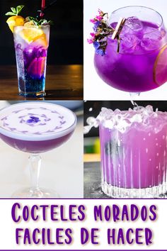 Cócteles morados en varios vasos. Purple Drinks Alcohol, Alcoholic Drinks Vodka, Fancy Cocktails Recipes, Tequila Mixed Drinks, Tonic Cocktails, Mixology Recipes, Bridgerton Party, Lavender Cocktail, Cocktail Gin