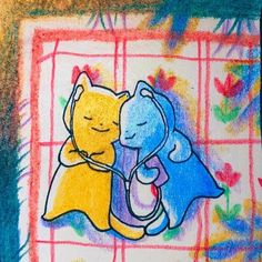 a drawing of two cats hugging each other in front of a colorful background with flowers