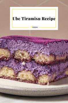 a close up of a cake on a plate with the words ube trambusu recipe