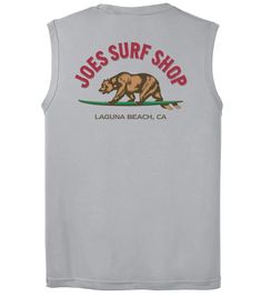 Get your Joe's Surf Shop Surfing Bear Sleeveless Graphic Workout Tee today. Made of the finest polyester, you will not be able to find a more comfortable workout tee anywhere else. This sleeveless graphic workout tee is perfect for those who are trying to balance looking good in the gym and sweat proof comfort. 3.8-ounce, 100% polyester Moisture wicking Lightweight and breathable Free shipping on orders $65+ Moisture-wicking Sleeveless Vest For Outdoor Activities, Sporty Sleeveless Muscle Tee With Letter Print, Sporty Sleeveless Tops For Outdoor Activities, Sleeveless Sports T-shirt With Graphic Print, Sporty Sleeveless Muscle Tee With Graphic Print, Sleeveless Sports Graphic T-shirt, Sporty Graphic Print Sleeveless Muscle Tee, Sleeveless Sports Graphic Print T-shirt, Sleeveless Graphic Print T-shirt For Sports