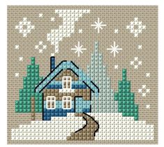 a cross stitch pattern with a house in the snow