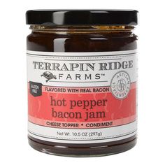 a jar of hot pepper bacon jam on a white background with the words terrapin ridge farms