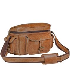 a brown leather messenger bag with two compartments on the front and one compartment in the back