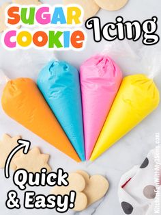 an image of sugar cookie cones with the words sugar icing quick and easy on it