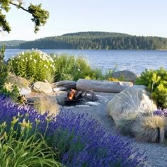 an outdoor fire pit surrounded by flowers and trees near the water's edge with mountains in the background