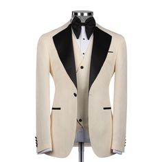 White Tuxedo With Single Button And Lapel Collar, White Single Button Tuxedo With Lapel Collar, Beige Single Breasted Tuxedo Suit, Beige Single-breasted Tuxedo Suit, Elegant Beige Tuxedo With Notch Lapel, Luxury Beige Tuxedo For Semi-formal Occasions, White Notch Lapel Blazer For Black Tie Event, White Notch Lapel Blazer For Black Tie Occasions, Beige Suits With Lapel Collar For Formal Occasions