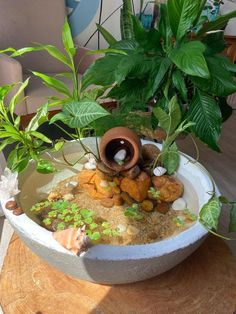 a bowl filled with rocks and plants on top of a table