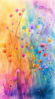 an abstract painting with colorful flowers and grass