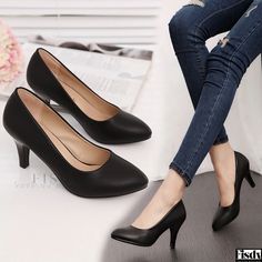 Fisdy - Black Classic High Heel Shoes with Round Toe and Sleek Heels - Ideal for Work and Formal Occasions Heel Styles, Formal Heels, Shoes For Work, Womens Footwear, Black Patent Leather Pumps, Professional Shoes, Types Of Heels, Shoe Sole, Rich People