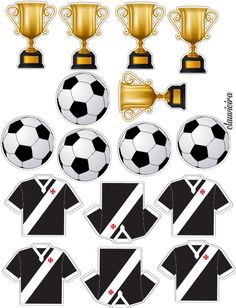 soccer uniforms with trophies and balls