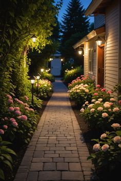 a pathway lined with flowers next to a house at night, surrounded by greenery