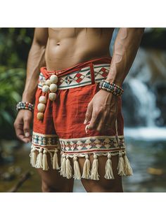 Men Shorts, Retro Casual Ethnic Style Shorts Bohemian Style Shorts Without Belt Bohemian Beach Shorts, Bohemian Summer Shorts, Bohemian Summer Festival Shorts, Bohemian Vacation Shorts, Traditional Summer Festival Bottoms, Traditional Style Bottoms For Summer Vacation, Traditional Bottoms For Summer Vacation, Hippie Style Beach Bottoms For Festivals, Traditional Summer Bottoms For Vacation